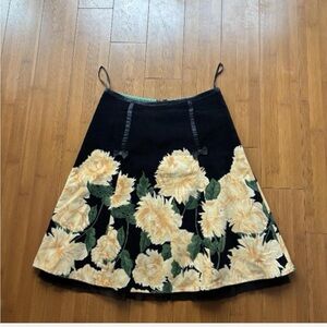 Elevenses for Anthropologie Black Velvet and Bold Yellow Flowers Skirt 6